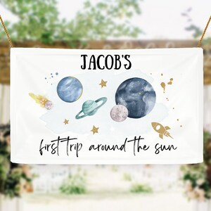 Bearbeitbarer Weltraum Hintergrund Banner Weltraum Geburtstagskind Erste Reise um die Sonne Galaxie Planeten Digitaler Download Vorlage Printable 0357