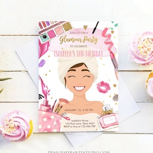 Editable Glamour Birthday Party Glitters and Glamour Spa Makeup Birthday Invitation Pink Gold Girl Download Printable Template Corjl 0420