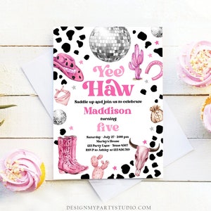 Editable Space Cowgirl Birthday Party Invitation Disco Cowgirl Invite Pink Girl Rodeo Country Digital Download Printable Template Corjl 0455