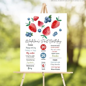 Editable Berry First Birthday Milestones Sign Strawberry Blueberry First Birthday Girl Farmers Market Download Template Printable Corjl 0399