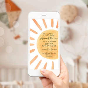 Editable First Trip Around The Sun Birthday Evite 1st Birthday Sunshine Neutral Boho Electronic Download Phone Template Digital Corjl 0431