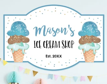 Editable Ice Cream Shop Sign Ice Cream Birthday Welcome Parlor Boy Summer Party Blue Brown Chocolate Digital Template Printable 0243