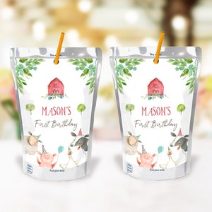 Editable Farm Animals Juice Pouch Label Juice Favors Party Animals Birthday Barnyard Boy Barn Digital Download Template Printable 0155