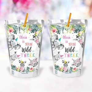 Editable Party Animals Juice Pouch Label Juice Favors Young Wild and Three Party Animals Birthday Girl Download Template Printable 0322