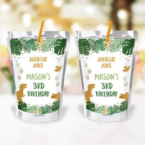 Editable Dinosaur Juice Pouch Label Juice Favors Dino Boy Birthday T-Rex Green Gold Prehistoric Digital Download Template Printable 0146