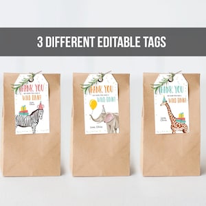 Editable Party Animals Favor Tags Wild One Animals Thank You Tags Safari Zoo Animals Birthday Wild Time Gift Tag Digital Corjl Template 0142