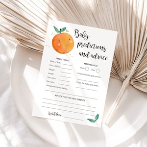 Bewerkbare babyvoorspellingen en advies Babyshower Game Card Little Cutie Sinaasappel clementine hagelslag Activiteit Downloadsjabloon Corjl 0330
