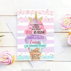 Editable Unicorn Ice Cream Birthday Invitation 4th Birthday Party Here&#39;s the Scoop Cone Rainbow Magical fourth Printable Template Corjl 0243