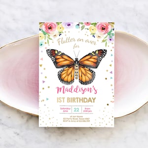 Editable Butterfly Birthday Invitation Monarch Butterfly Garden Party Floral Flowers Pink Gold Girl Download Printable Template Corjl 0162