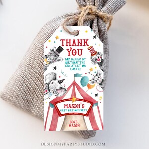 Editable Circus Thank You Tags Carnival Birthday Favor Tags Boy Vintage Circus Labels Big Top Party Download Printable Corjl Template 0355