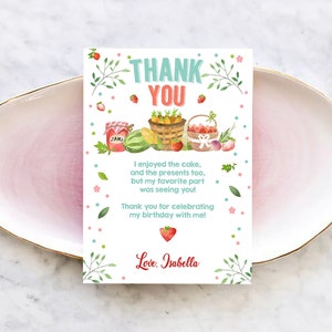 Carte de remerciement modifiable du marché de producteurs d'anniversaire aux fraises, légumes cultivés à la maison, fruits de la ferme, téléchargement du modèle imprimable Corjl 0144