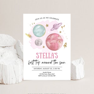 Editable Outer Space Girl First Birthday Invitation Galaxy Blast Off First Trip Around the Sun Pink Download Printable Template Corjl 0357