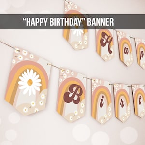 Happy Birthday Banner Daisy Birthday Banner Girl Groovy Party Decor Boho Retro Floral 70&#39;s Hippie Decor Digital Download Printable 0428