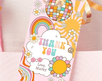 Bearbeitbare Groovy Retro Favor Tag Disco Geburtstag Danke Tag Girl Retro 70er Party Flower Power Hippie Digitale Vorlage Printable 0538