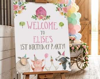 Letrero rosa de bienvenida para cumpleaños con temática de granja, decoración para fiesta de niña con animales de granja (editable, imprimible) 0155
