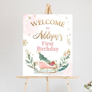 Editable Winter Birthday Welcome Sign Sleigh Oh What Fun Welcome Girl Pink Gold Christmas Party Holiday Sign Template PRINTABLE Corjl 0353