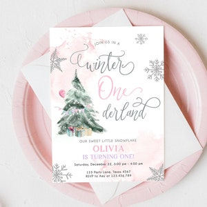 Editable Winter ONEderland Birthday Invitation First Birthday 1st Girl Pink Snow Watercolor Tree Christmas Snowflake Corjl Template 0363