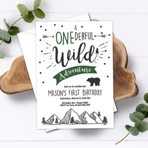 Editable A Onederful Wild Adventure First Birthday Invitation Wild Boy Mountains Bear Outdoor Hunter Green Digital Download Template 0083