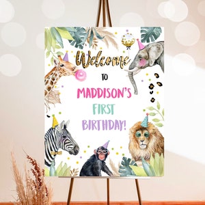 Editable Party Animals Welcome Sign Party Animal Sign Zoo Safari Welcome Jungle Sign Birthday Animals Girl Template PRINTABLE Corjl 0417