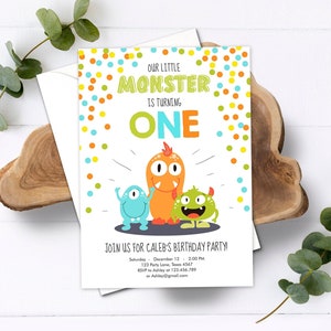 Editable Little Monster Birthday Invitation First Birthday Party Monsters Boy Confetti 1st Orange Blue One Printable Corjl Template 0058 image 1