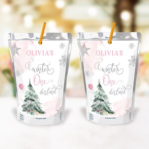 Editable Winter ONEderland Juice Pouch Label Juice Favors Girl First Birthday Christmas Snowflakes Digital Download Template Printable 0363