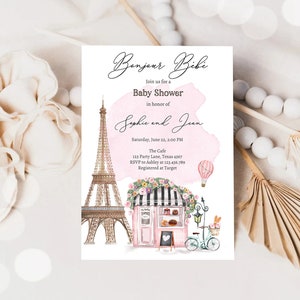Bewerkbare Parijs babyshower uitnodiging Bonjour Bebe Franse patisserie Parijse Eiffeltoren roze Evite-sjabloon downloaden afdrukbare 0441