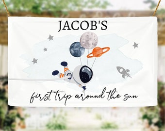 Editable Outer Space Backdrop Banner Space Birthday Boy First Trip Around the Sun Galaxy Planets Digital Download Template Printable 0366