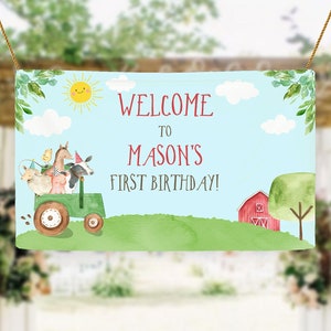 Editable Farm Animals Birthday Backdrop Banner Boy Barnyard Green Tractor Welcome Sign Party Animals Digital Template Printable 0155