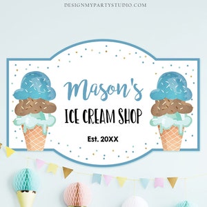 Editable Ice Cream Shop Sign Ice Cream Birthday Welcome Ice Cream Parlor Boy Summer Party Blue Brown Chocolate Template PRINTABLE Corjl 0243