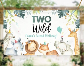 Editable Two Wild Safari Animals Birthday Backdrop Banner Party Animals Boy Second Birthday 2nd Welcome Sign Digital Template Printable 0163