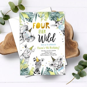 Modificabile Four Ever Wild Invito Safari Animali Festa Animali Ragazzo Oro Quarto Compleanno 4° Zoo Digitale Corjl Modello Stampabile 0322