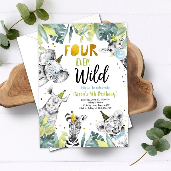 Editable Four Ever Wild Invitation Safari Animals Party Animals Boy Gold Fourth Birthday 4th Zoo Digital Corjl Template Printable 0322