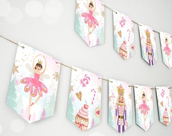 Nutcracker Banner Nutcracker Birthday Girl Bunting Christmas Decor Pink Gold Sugar Plum Fairy Digital Download Printable 0352