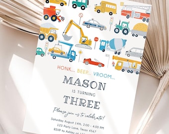 Editable Transportation Birthday Invitation Honk Beep Vroom Truck Cars Transport Boy Modern Digital Download Evite Template Printable 0533