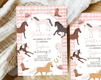 Bearbeitbares Pferd Geburtstagseinladung Mädchen im Sattel Up Cowgirl Pferd Party Pferd einladen Rosa Pony Floral Download Druckbare Vorlage Corjl 0513