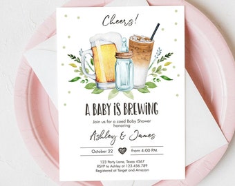 Editable A Baby is Brewing Invitation Bottle and Beers Baby Shower Coed Couples Cold Brew Coffee Download Printable Template Corjl 0190