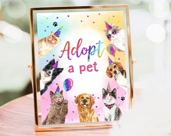 Adopt a Pet Birthday Sign Cats and Dogs Party Kitty Birthday Puppy Adoption Sign Pawty Decor Party Animals Sign Girl Download RINTABLE 0460
