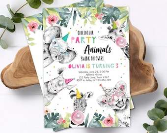 Editable Party Animals Birthday Invitation Wild One Animals Invitation Zoo Safari Animals Girl Download Printable Invite Template Corjl 0322