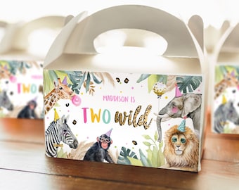 Editable Safari Animals Birthday Gable Gift Box Labels Party Animals Gold Pink Two Wild Birthday Zoo Jungle Girl Download Digital Corjl 0417