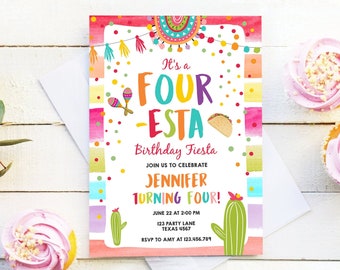 Editable Four-Esta Fiesta Birthday Invitation 4th Birthday Four Cactus Fourth Mexican Boy Girl Cactus Download Corjl Template Printable 0134