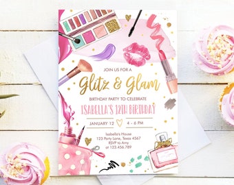 Editable Glitz and Glam Birthday Party Invitation Spa Party Makeup Birthday Invitation Pink Gold Girl Download Printable Template Corjl 0420