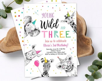 Bewerkbare jonge wilde en drie verjaardagsuitnodiging meisje roze en gouden Safari dieren Instant Download afdrukbare sjabloon digitale Corjl 0390