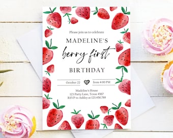 Editable Strawberry Birthday Invitation First Birthday Berry Sweet Girl Cute Strawberries 1st Download Printable Template Corjl Digital 0399