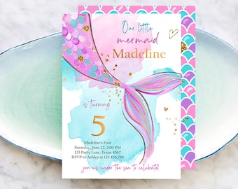 Editable Mermaid Birthday Party Invitation Girl Pink Purple Gold Mermaid Birthday Under The Sea Download Printable Template Corjl 0403