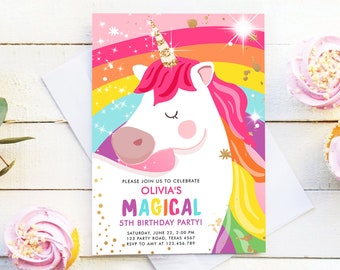 Editable Unicorn Birthday Invitation Magical Unicorn Party Girl Pink Gold Unicorn Invite Rainbow Printable Corjl Template Digital 0323