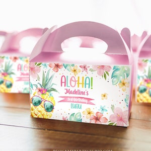 Editable Pineapple Gable Gift Box Label Hawaiian Luau Birthday Girl Treat Box Label Tropical Summer Pool Party Download Printable Corjl 0391