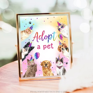Adopt a Pet Birthday Sign Cats and Dogs Party Kitty Birthday Puppy Adoption Sign Pawty Decor Party Animals Sign Girl Download Printable 0460