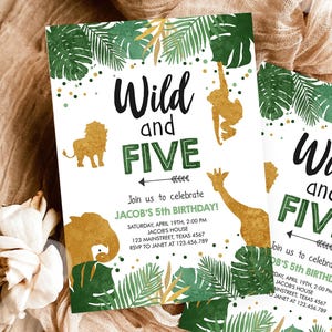 Invitación de cumpleaños editable con temática de animales de safari para niños, tercer cumpleaños (5.º cumpleaños), plantilla digital imprimible 0016