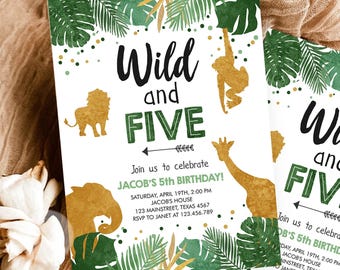 Invitación de cumpleaños editable con temática de animales de safari para niños, tercer cumpleaños (5.º cumpleaños), plantilla digital imprimible 0016