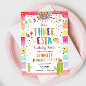 Editable Three-Esta Fiesta Birthday Invitation Third Birthday 3rd Cactus Mexican Boy Girl Cactus Download Corjl Template Printable 0134